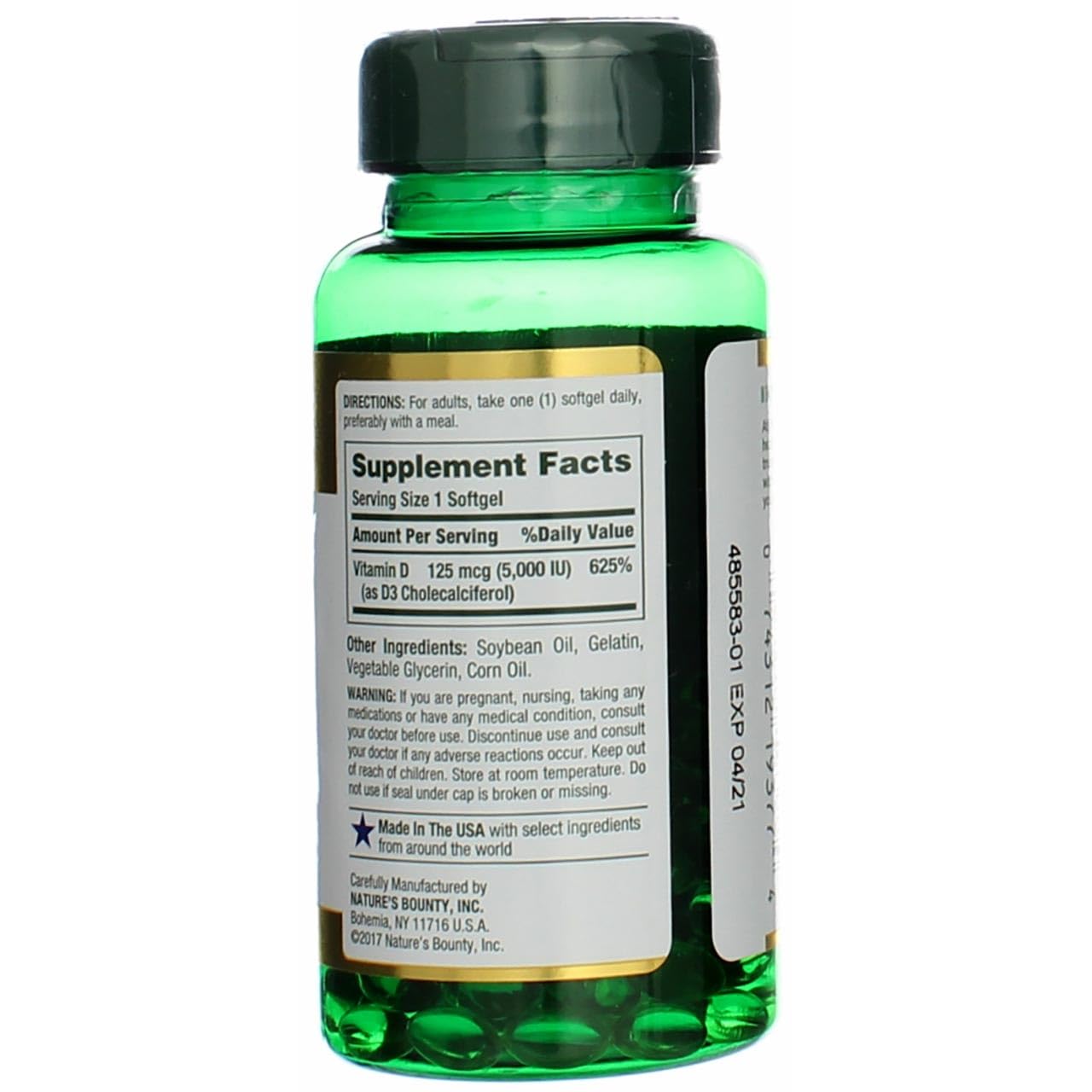 Nature's Bounty Vitamin D-5000 IU softgels dosage side panel