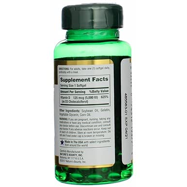 Nature's Bounty Vitamin D-5000 IU softgels packaging on shelf