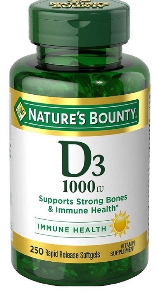 Nature's Bounty Vitamin D3-1000 IU rapid-release softgels bottle for daily immune support.