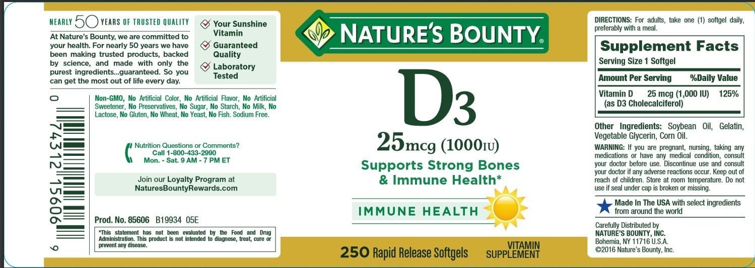 Nature's Bounty Vitamin D3-1000 IU softgels pack highlighting year-round bone health support.