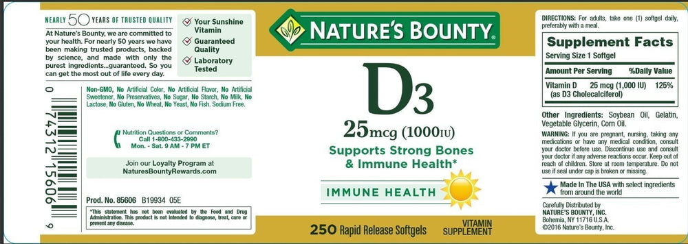 Nature's Bounty Vitamin D3-1000 IU softgels pack highlighting year-round bone health support.