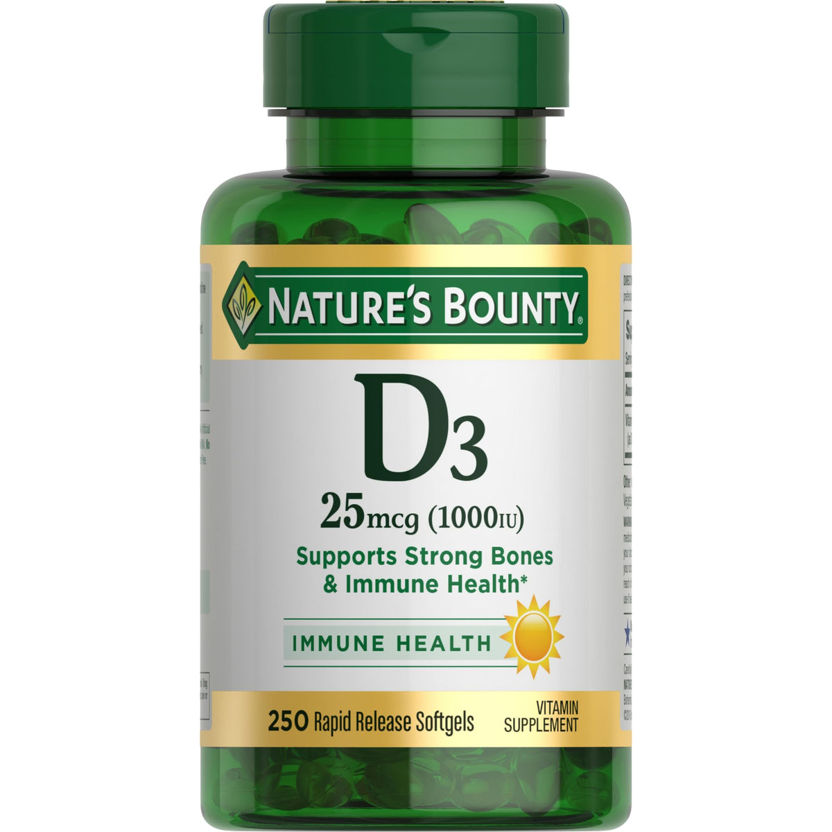 Nature’s Bounty Vitamin D3 1000 IU softgels bottle front, supporting daily immune health and bone maintenance.