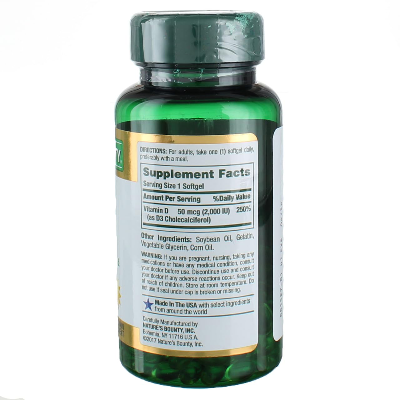 Nature's Bounty Vitamin D3 bottle label shows 2000 IU per softgel.