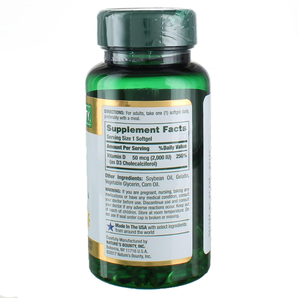 Nature's Bounty Vitamin D3 bottle label shows 2000 IU per softgel.