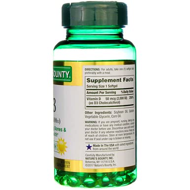 Nature's Bounty Vitamin D3 bottle with sun-inspired lighting.