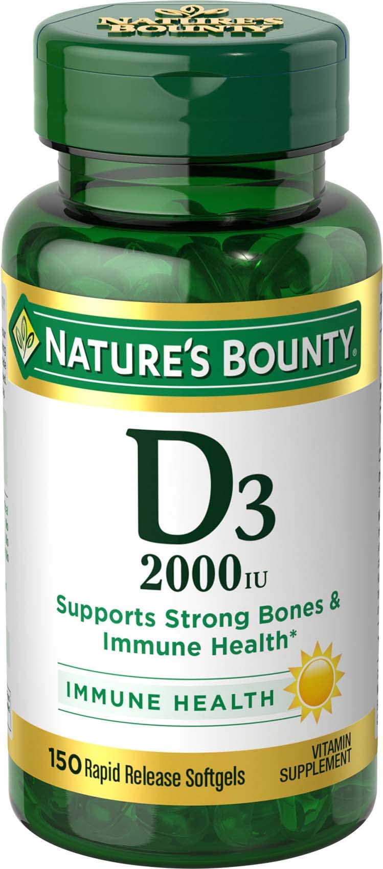 Nature's Bounty Vitamin D3 2000IU bottle front view for immune and bone support.