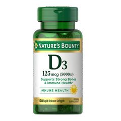Nature's Bounty Vitamin D3 5000 IU softgels bottle signaling immune support potential.