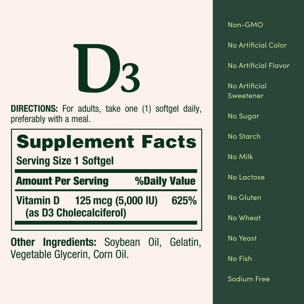 Nature's Bounty Vitamin D3 5000 IU softgels closeup capsule reveals rapid-release design.