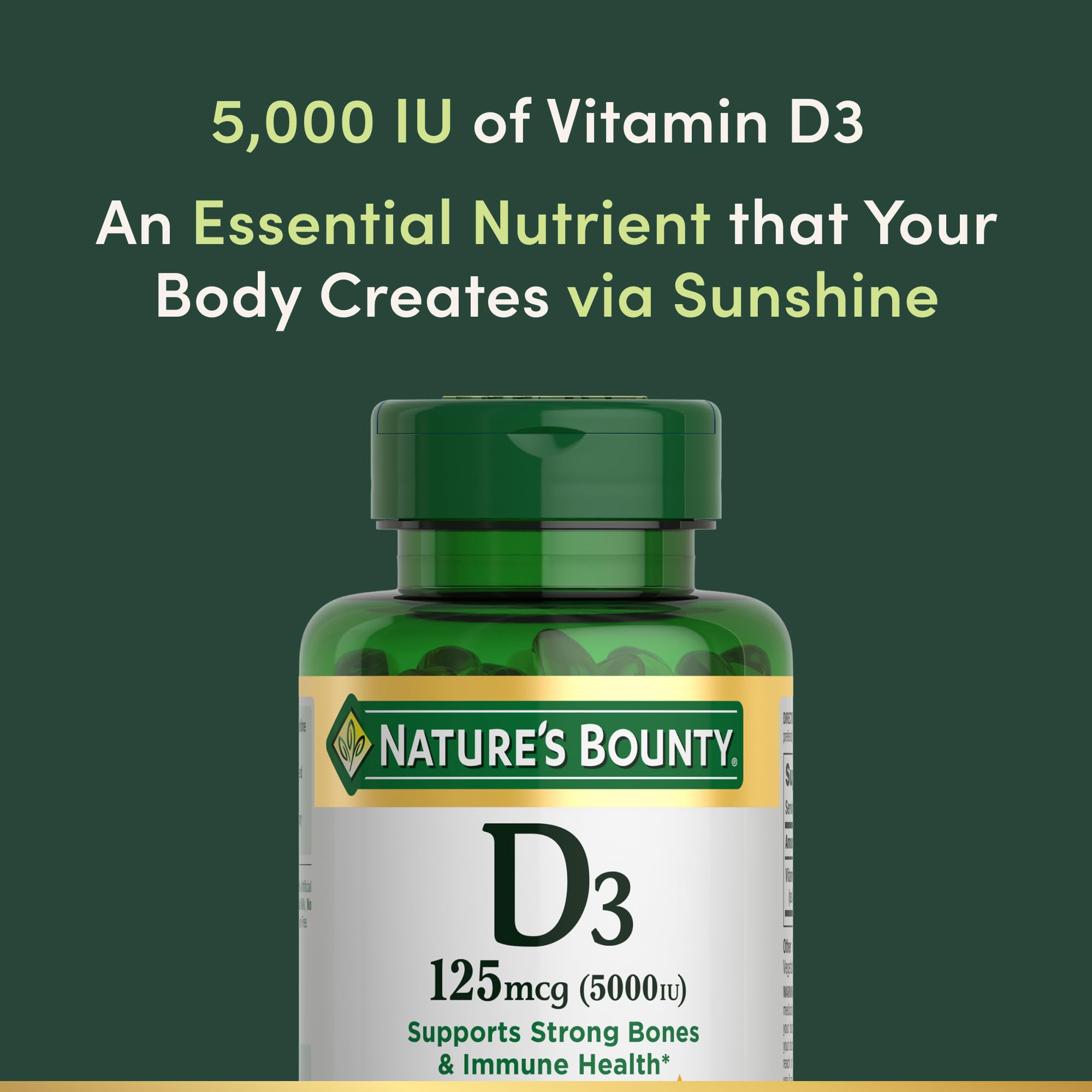 Nature's Bounty Vitamin D3 5000 IU softgels pouring shot suggests easy daily supplementation.