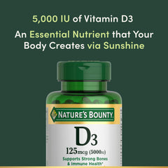 Nature's Bounty Vitamin D3 5000 IU softgels pouring shot suggests easy daily supplementation.