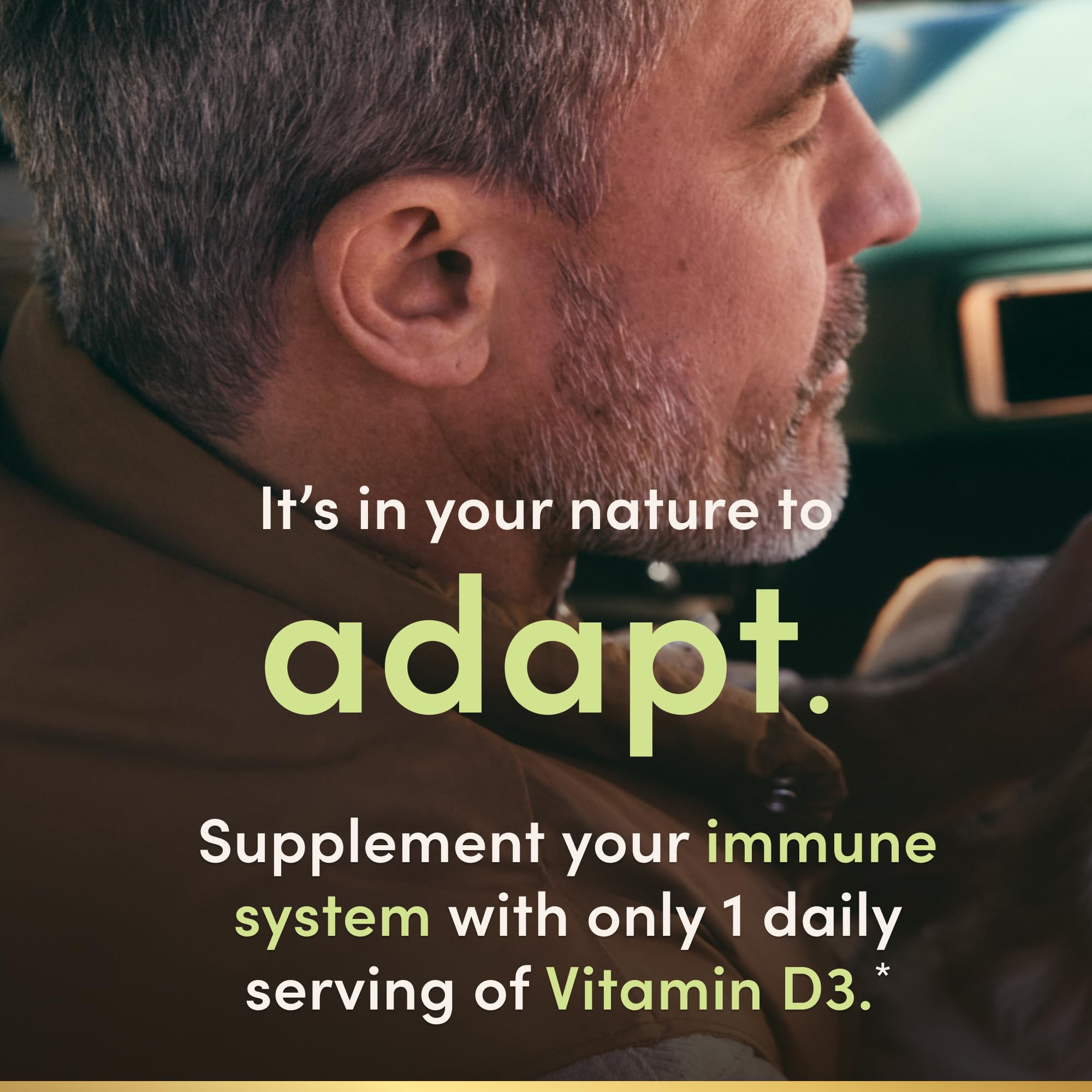 Nature's Bounty Vitamin D3 5000 IU softgels on table highlights convenient daily dosing.