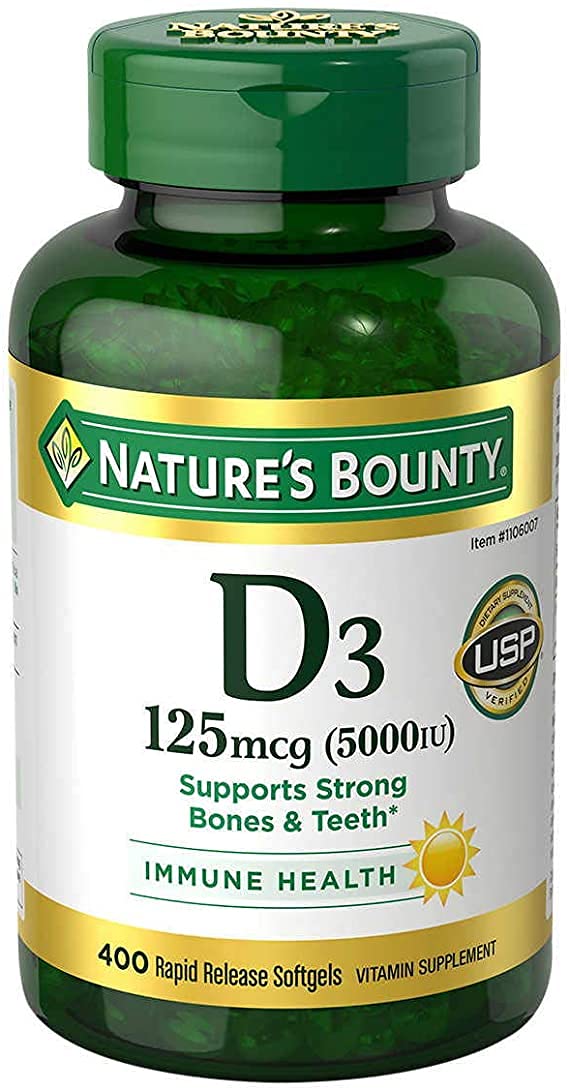 Nature's Bounty Vitamin D3 bottle with softgels for daily immune support.