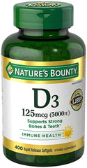 Nature's Bounty Vitamin D3 bottle with softgels for daily immune support.