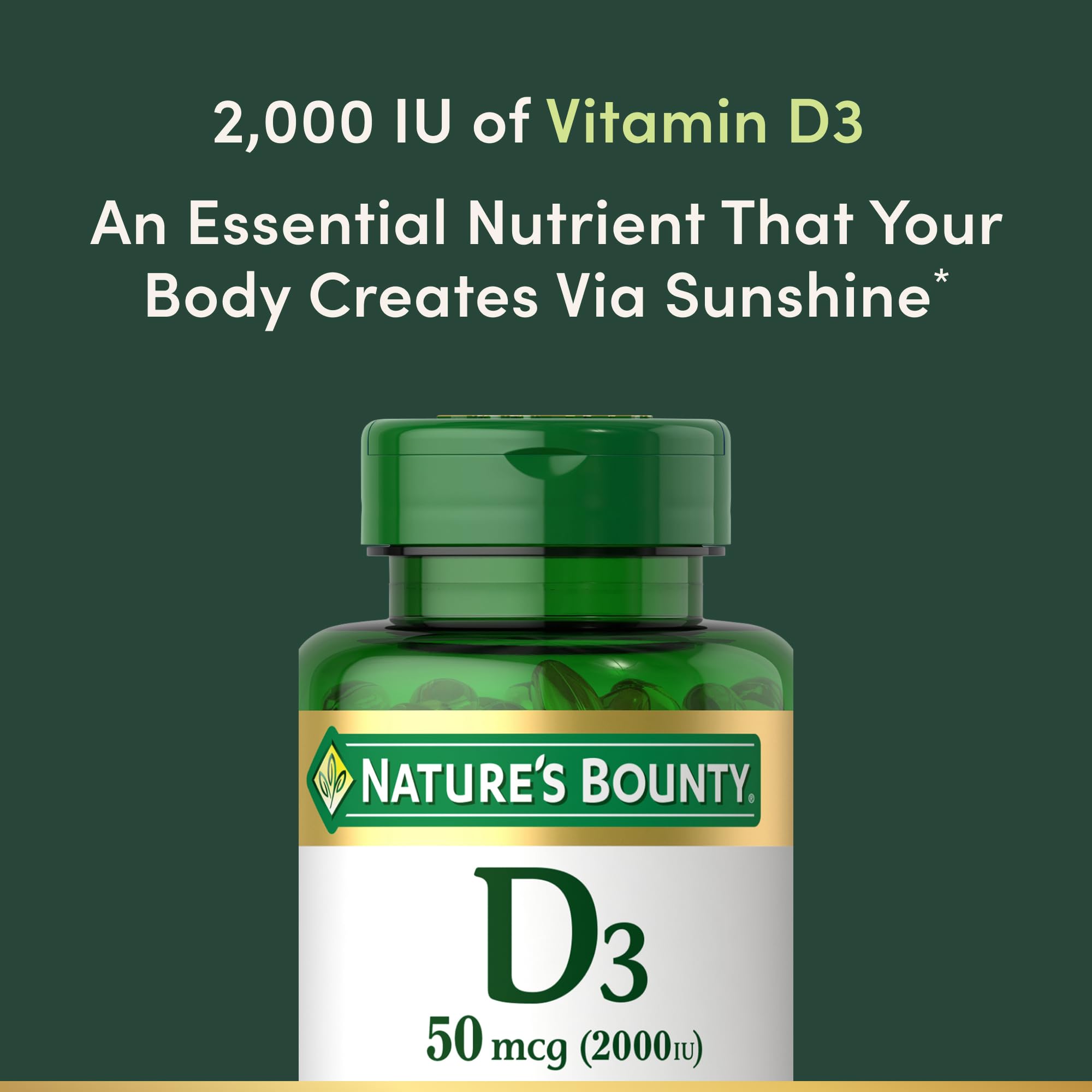Nature’s Bounty Vitamin D3 softgels aiding calcium absorption for bones.