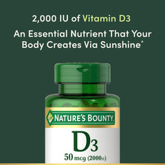 Nature’s Bounty Vitamin D3 softgels aiding calcium absorption for bones.