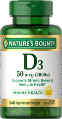 Nature’s Bounty Vitamin D3 bottle highlighting immune and bone support benefits.