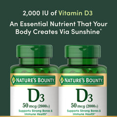 Nature's Bounty Vitamin D3 label emphasizing 50 mcg dosage.