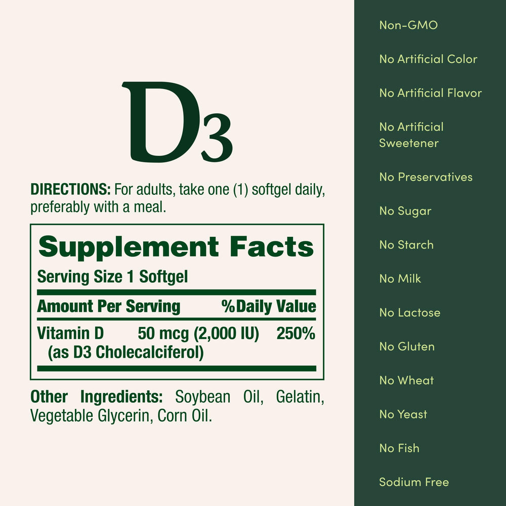 Nature’s Bounty Vitamin D3 non-GMO and gluten-free formula for purity.