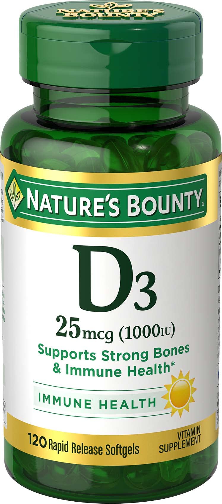 Nature's Bounty Vitamin D3 softgels bottle supports daily immune and bone health.