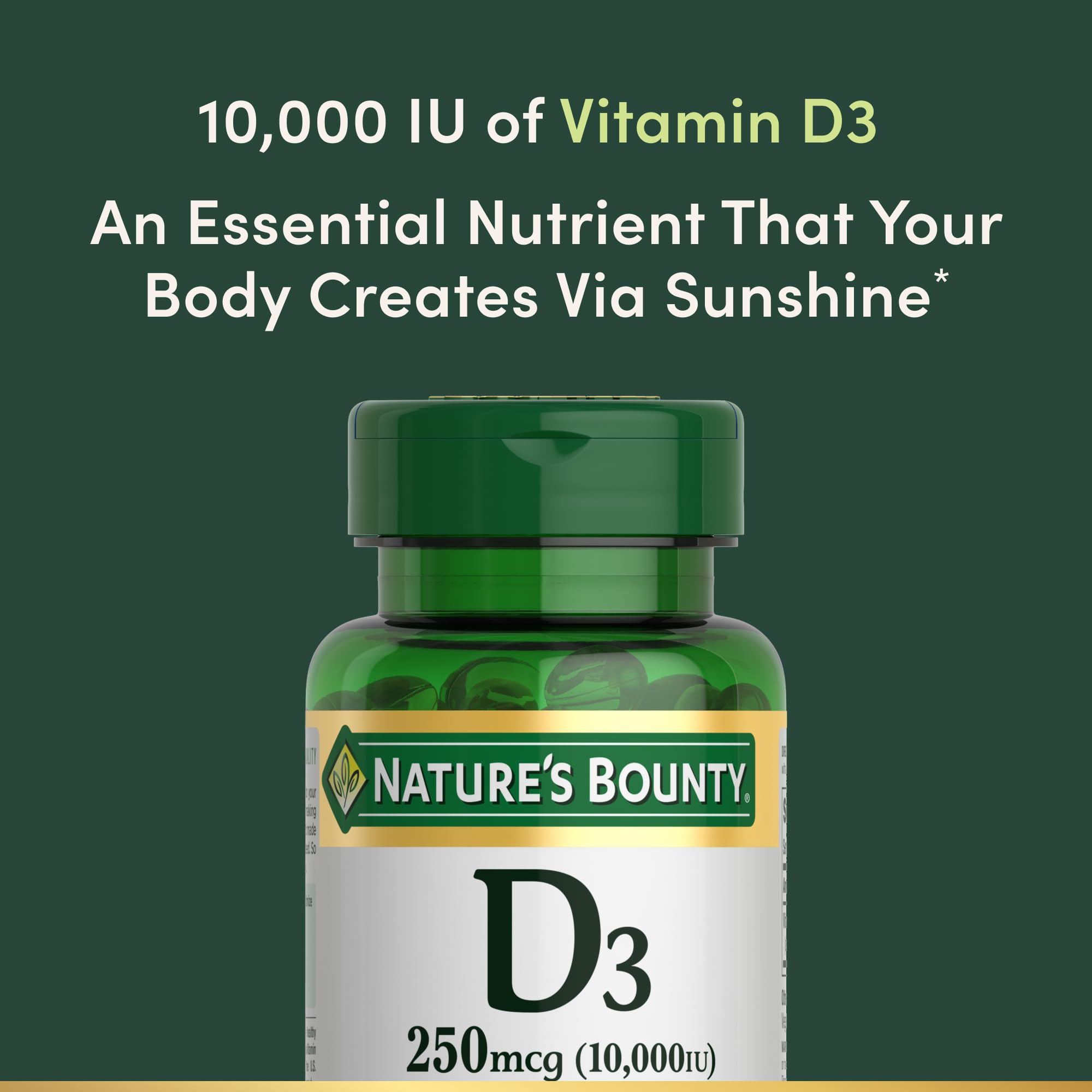 Nature's Bounty Vitamin D3 label close-up notes no artificial colors or sweeteners