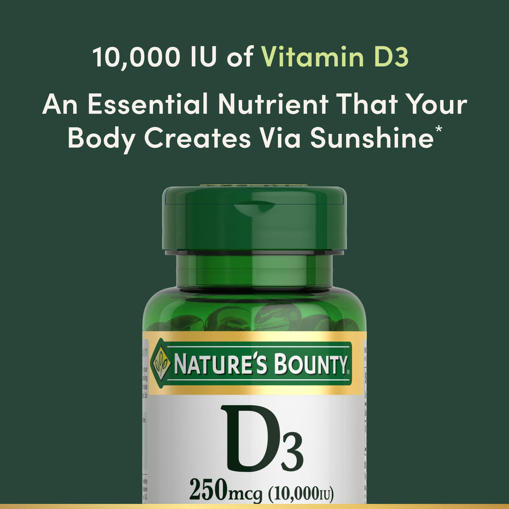 Nature's Bounty Vitamin D3 label close-up notes no artificial colors or sweeteners