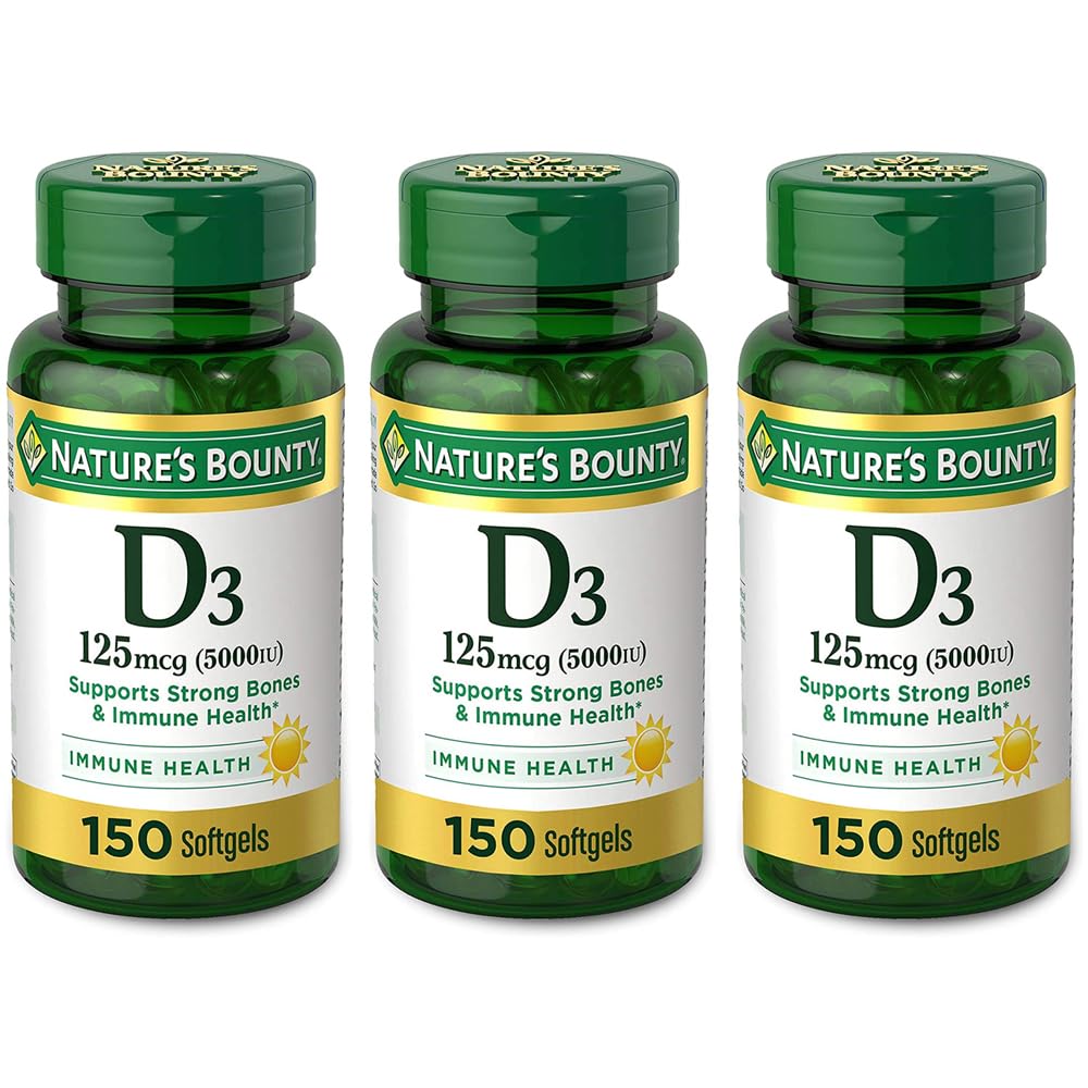 Nature's Bounty Vitamin D3 softgels bottle shows daily immune support potential.