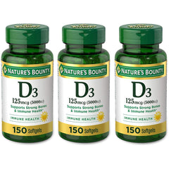 Nature's Bounty Vitamin D3 softgels bottle shows daily immune support potential.