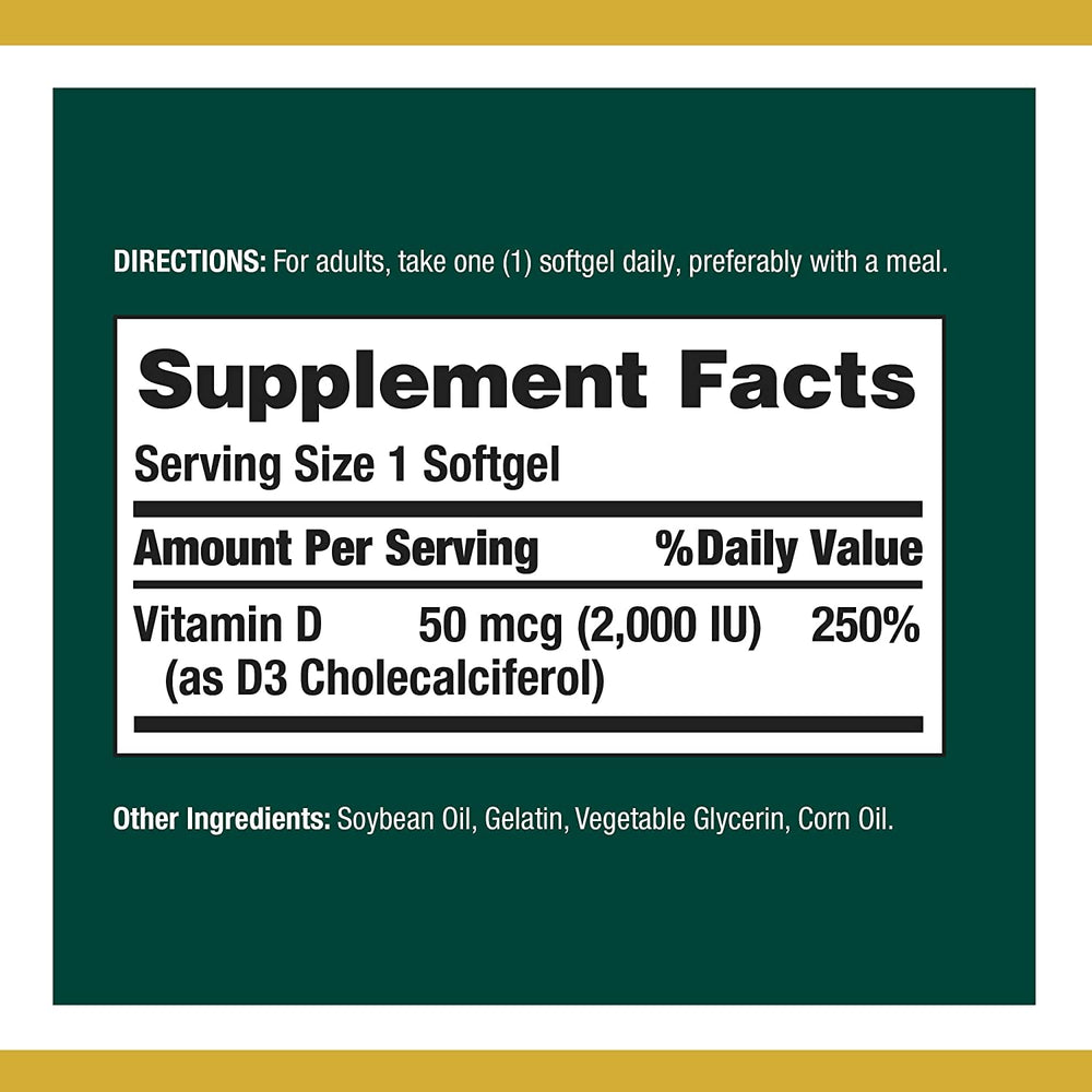 Close-up of Nature's Bounty Vitamin D3 capsules highlighting bone health support