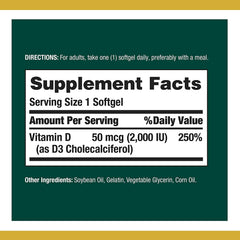 Close-up of Nature's Bounty Vitamin D3 capsules highlighting bone health support