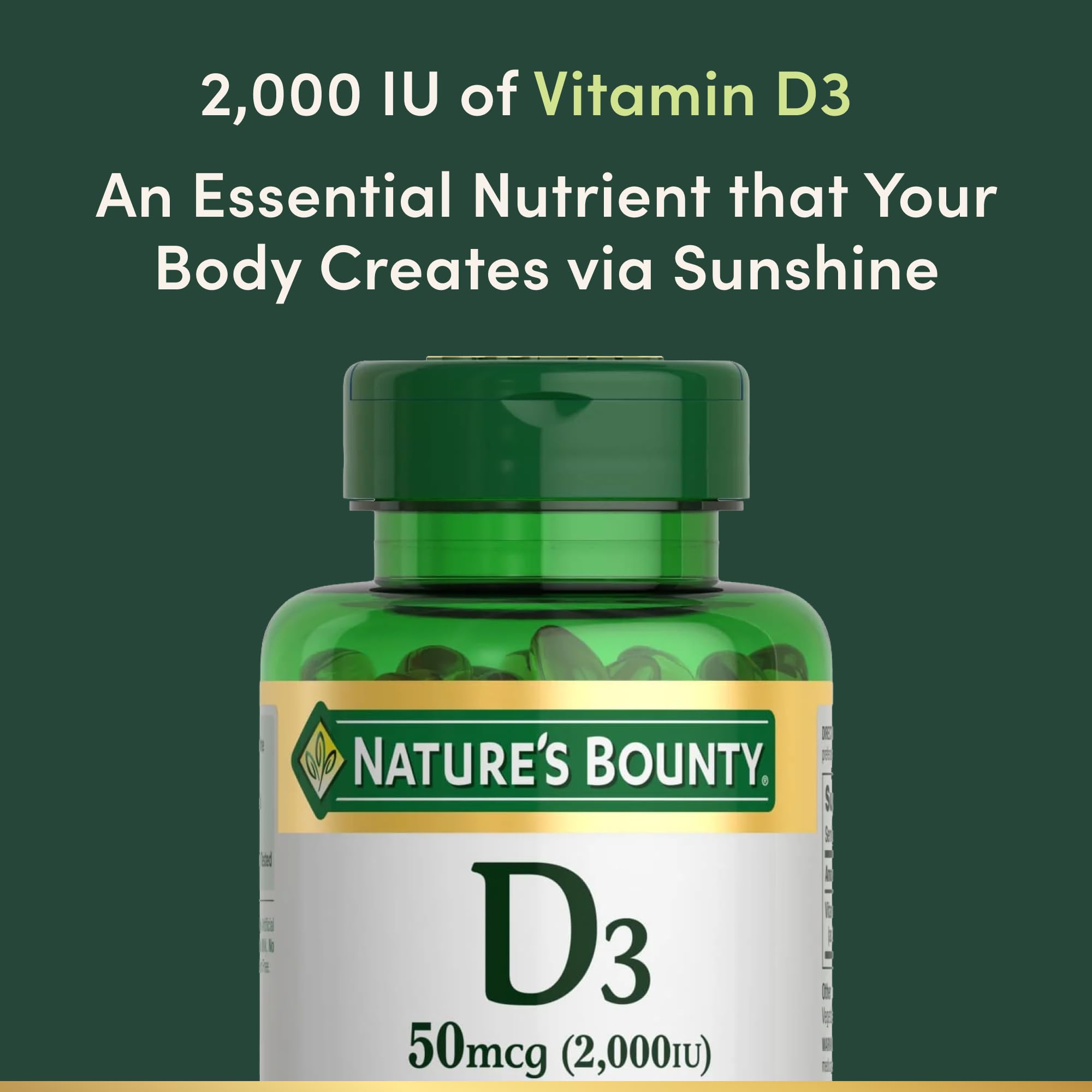 Nature's Bounty Vitamin D3 softgels closeup highlights easy-to-swallow rapid-release capsules for daily use.