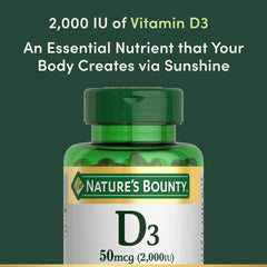Nature's Bounty Vitamin D3 softgels closeup highlights easy-to-swallow rapid-release capsules for daily use.