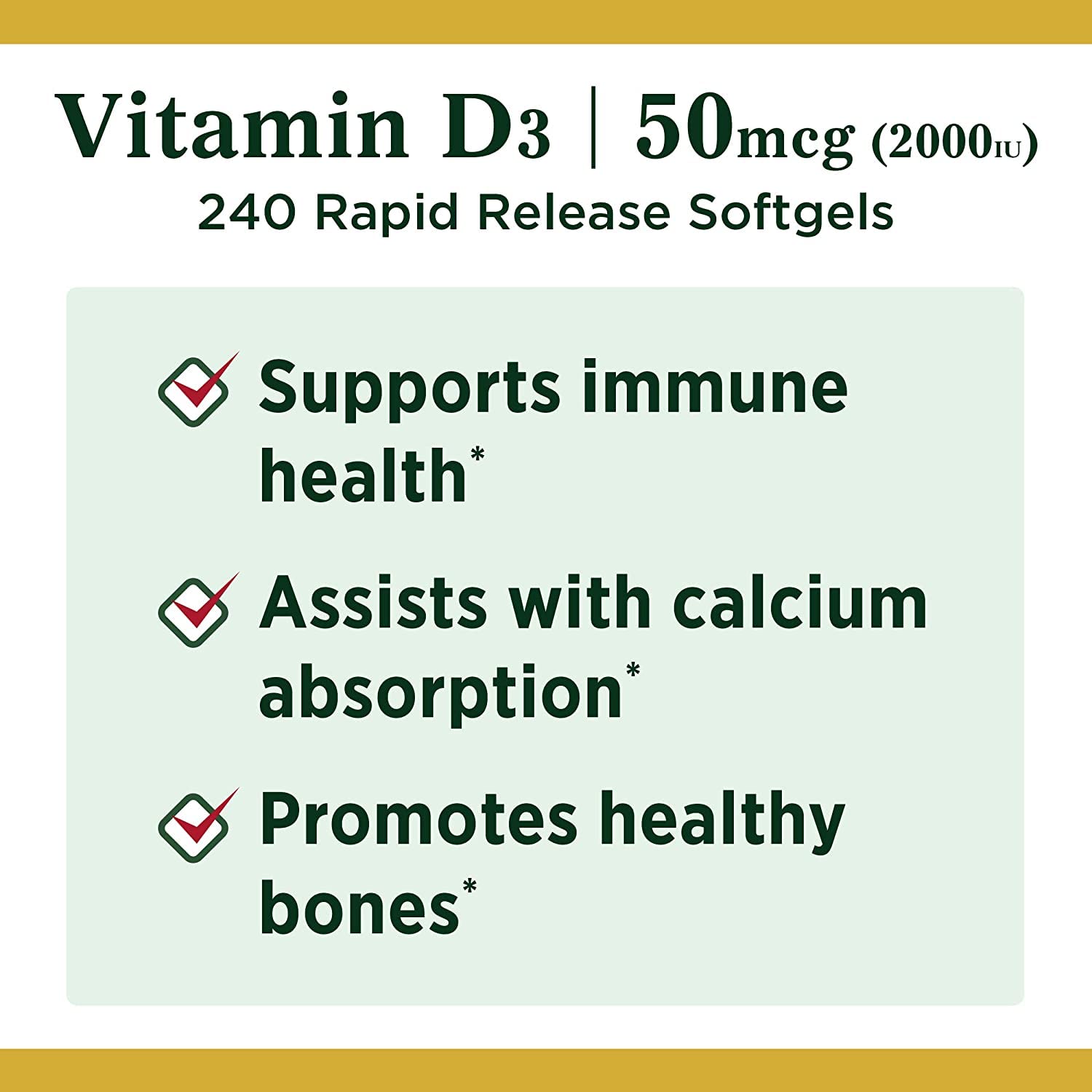 Nature's Bounty Vitamin D3 label on bottle emphasizing immune system support