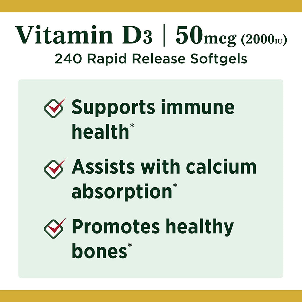 Nature's Bounty Vitamin D3 label on bottle emphasizing immune system support