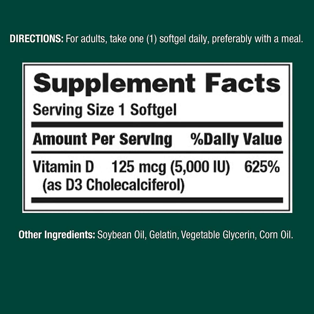 Nature's Bounty Vitamin D3 softgels label highlights potent 5000 IU dose.