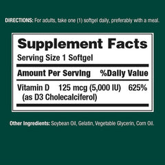 Nature's Bounty Vitamin D3 softgels label highlights potent 5000 IU dose.