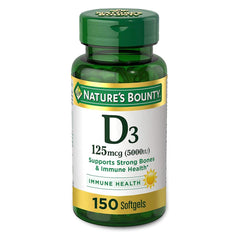 Nature's Bounty Vitamin D3 softgels pour demonstrates easy daily dosing.