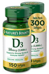 Nature's Bounty Vitamin D3 twin-pack bottle on shelf highlighting immune support.