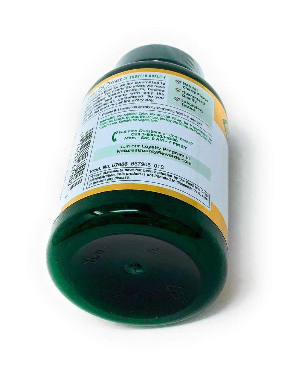 Nature's Bounty vitamin B-12 cherry lozenges dissolve under tongue with natural aroma.