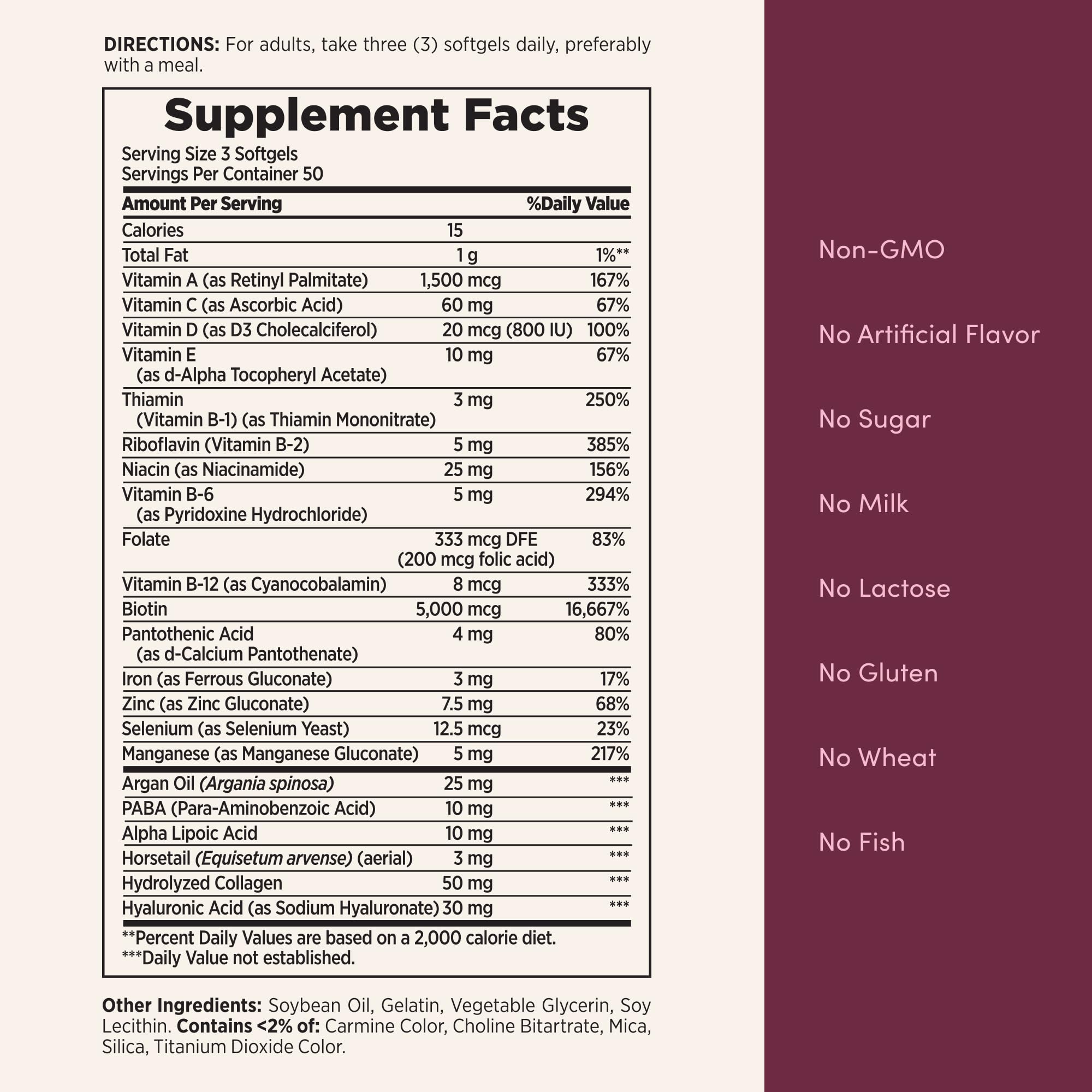 Shelf of wellness products including Nature's Bounty hair supplement.