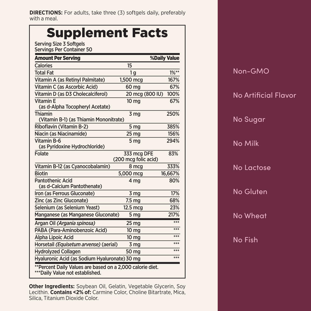 Shelf of wellness products including Nature's Bounty hair supplement.