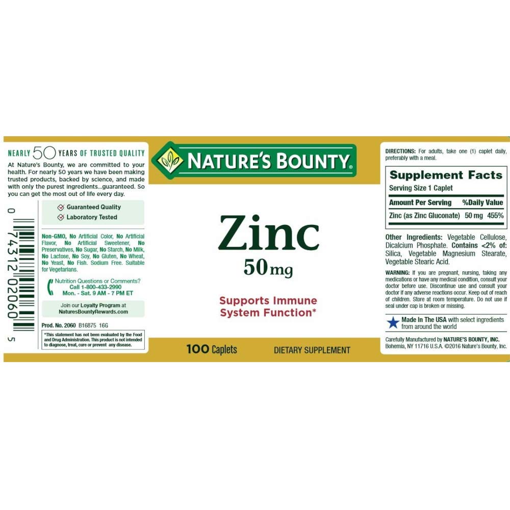Nature's Bounty Zinc 50 mg caplets label-closeup shows zinc dosage and gluten-free status.