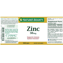Nature's Bounty Zinc 50 mg caplets label-closeup shows zinc dosage and gluten-free status.