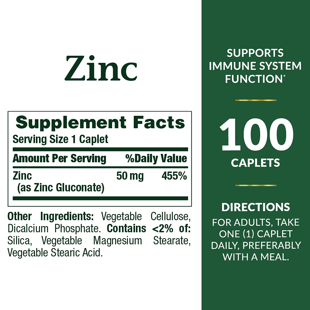 Nature's Bounty Zinc 50 mg caplets, easy-to-swallow form, close-up view.