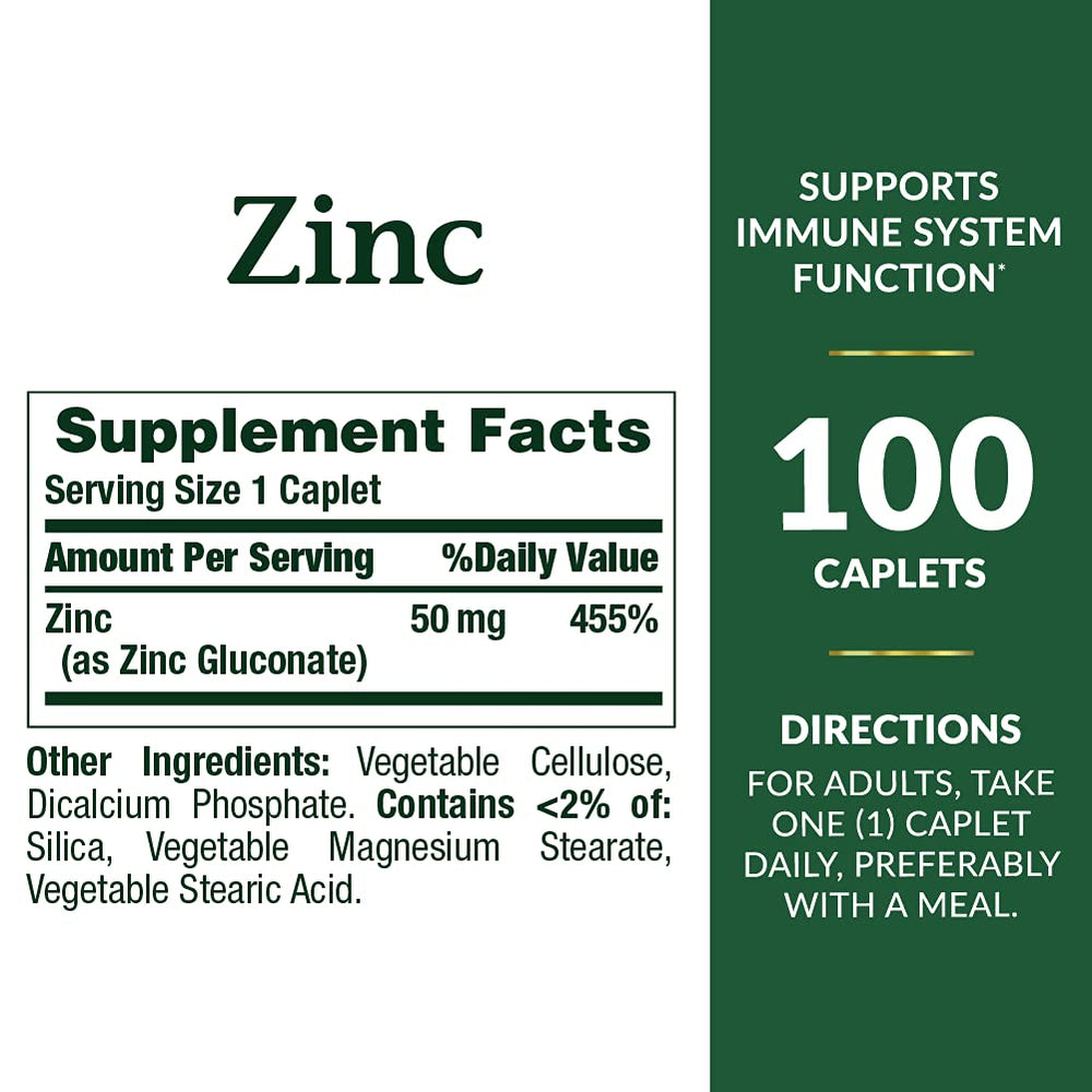 Nature's Bounty Zinc 50 mg caplets, easy-to-swallow form, close-up view.