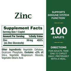 Nature's Bounty Zinc 50 mg caplets, easy-to-swallow form, close-up view.