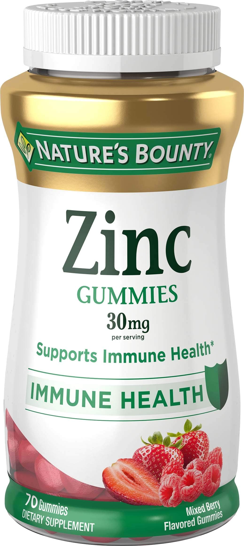 Nature's Bounty Zinc Gummies bottle with mixed berry flavor for immune support.