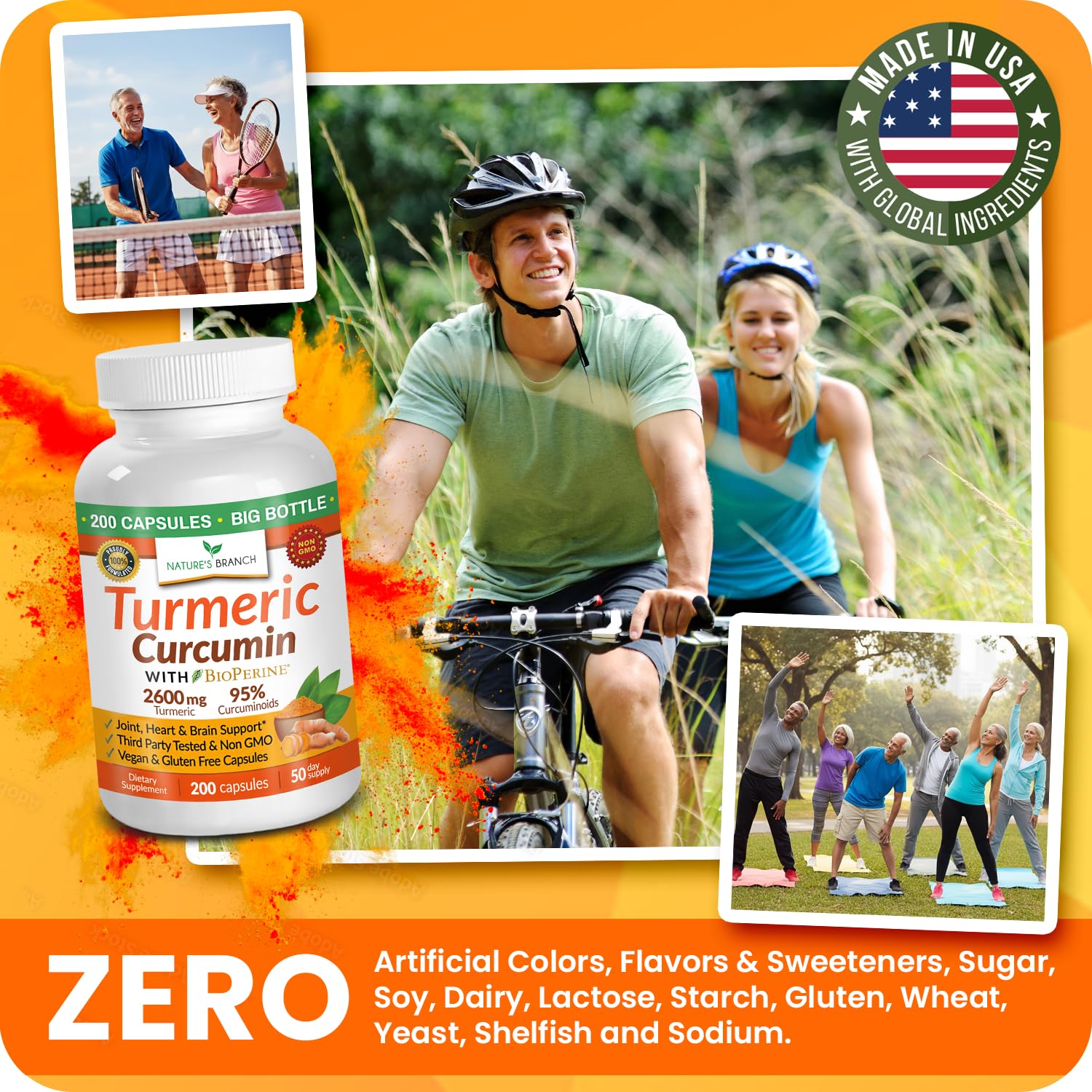 Nature's Branch Active lifestyle scene with joint-friendly turmeric supplement