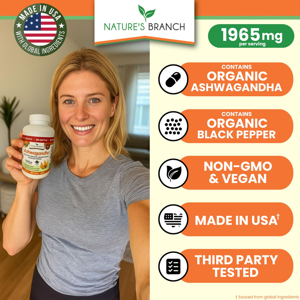 Nature's Branch ashwagandha root powder closeup highlighting natural ingredients.