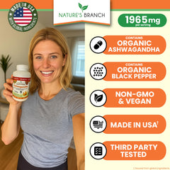 Nature's Branch ashwagandha root powder closeup highlighting natural ingredients.