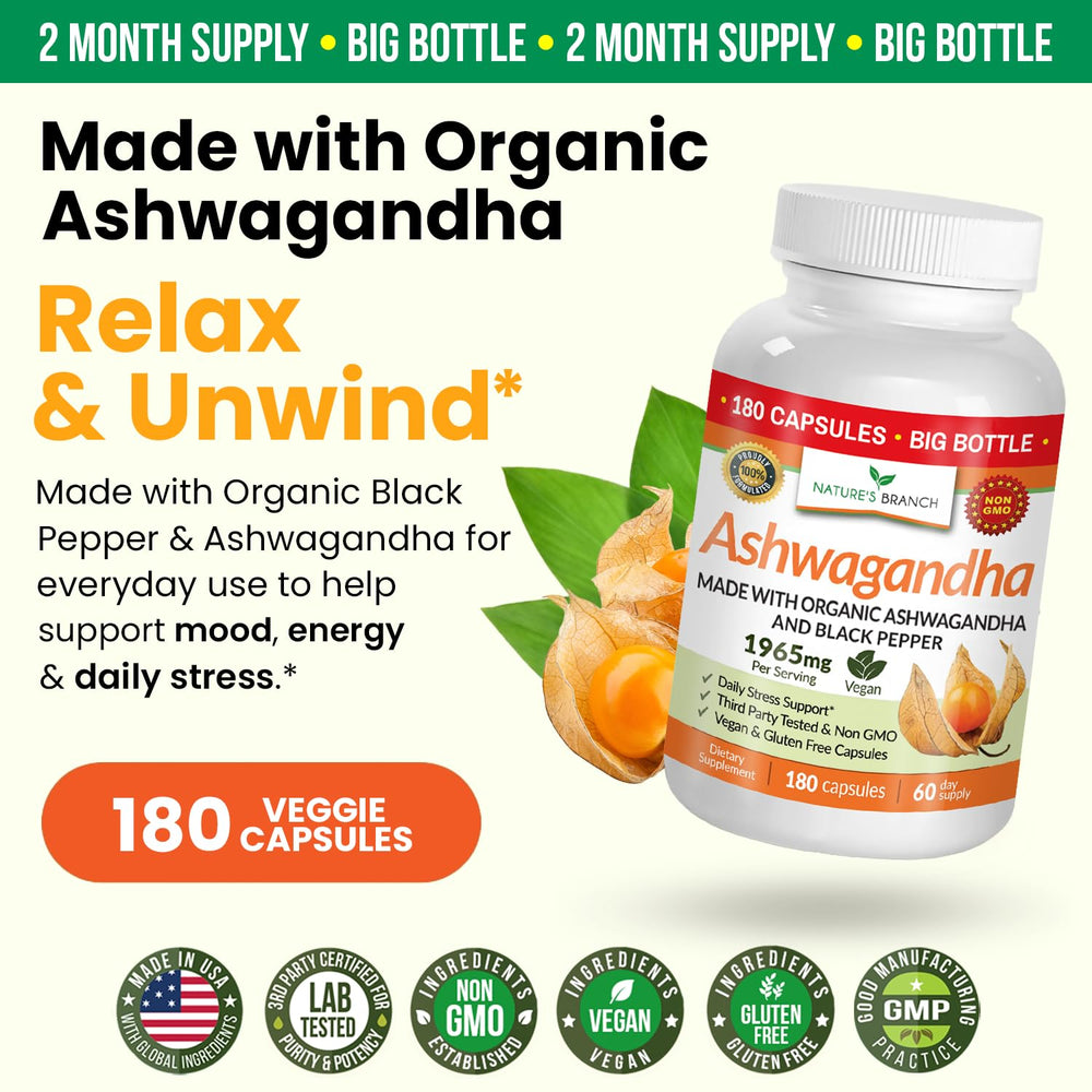 Nature's Branch ashwagandha capsules for daily routine and focus.